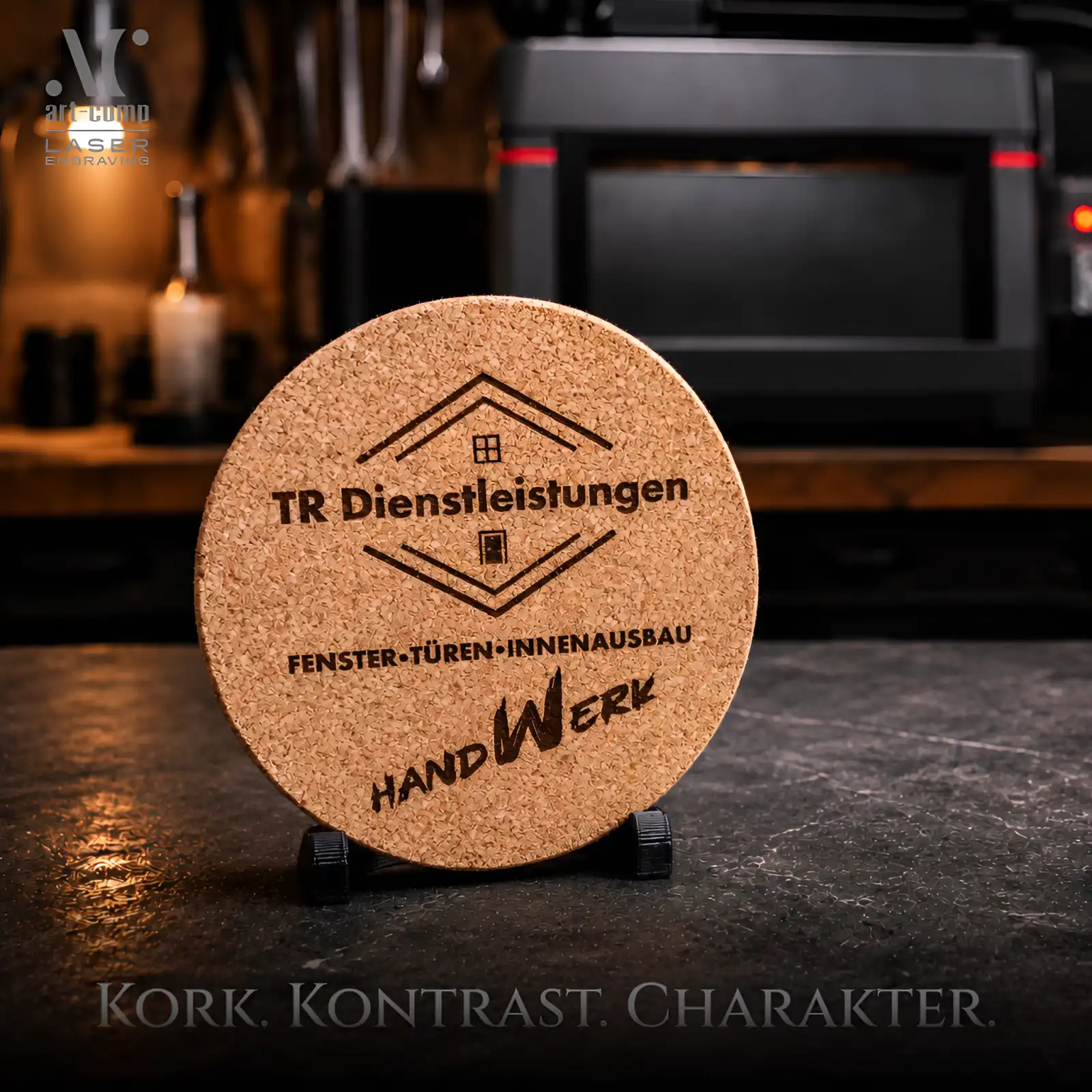 Gravierter Kork-Untersetzer mit Firmenlogo und Wappen als Lasergravur
