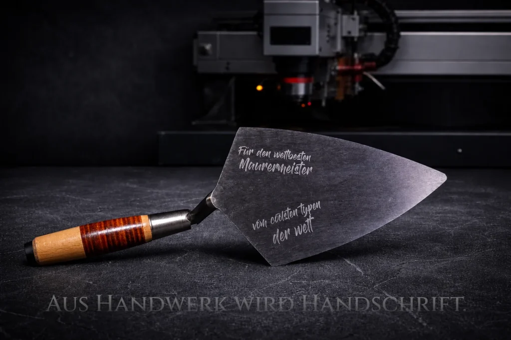 Individuell lasergravierte Maurerkelle mit zwei grafischen Motiven auf der Metallfläche