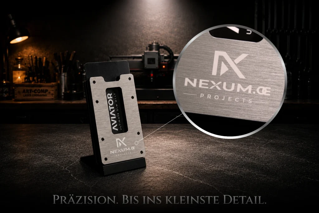 Graviertes Metall-Wallet mit individueller Lasergravur und vergrößerter Detailansicht der Gravur auf einer Werkbank.