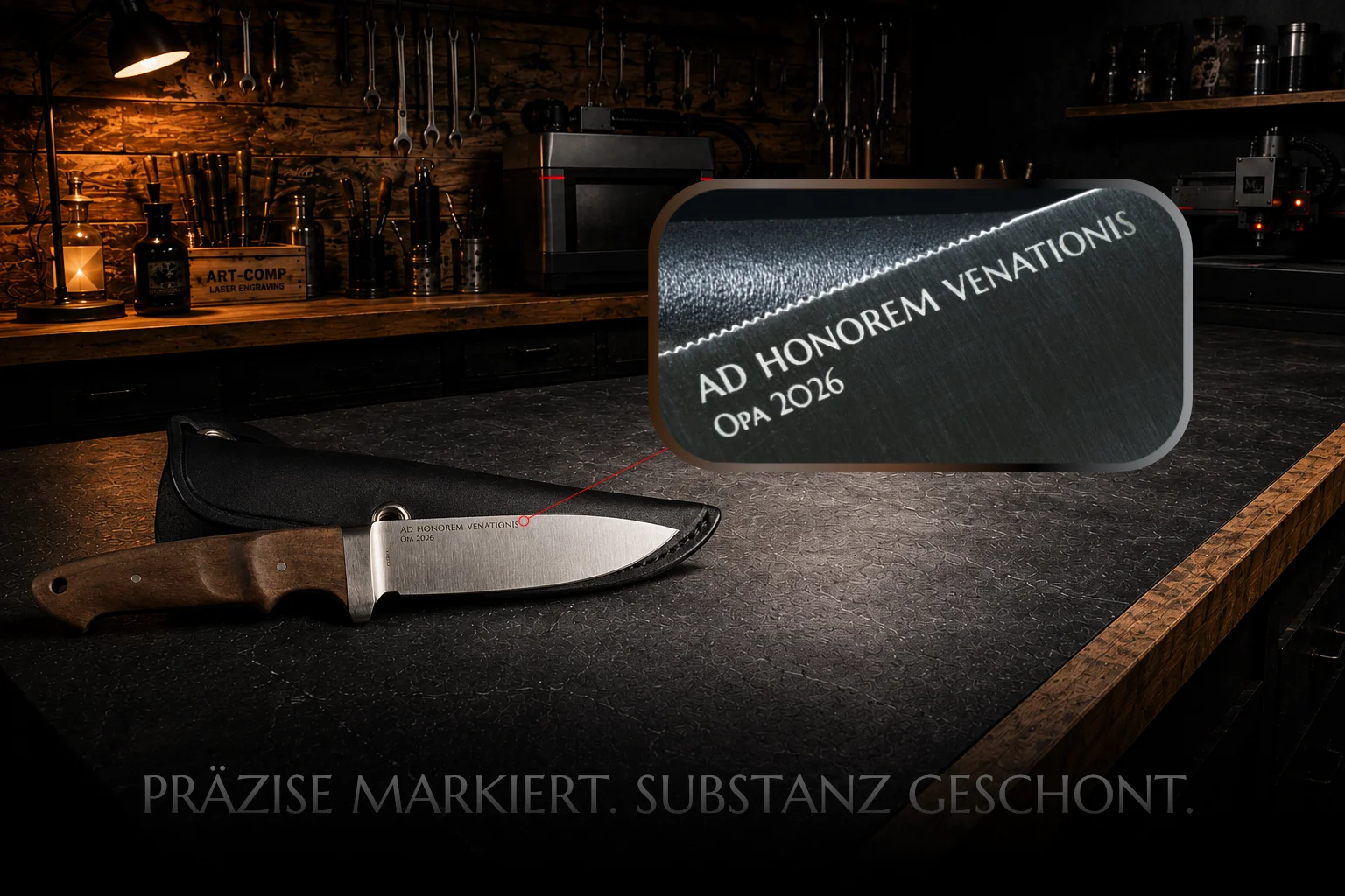 Personalisiertes Jagdmesser mit feiner Lasergravur auf der Klinge