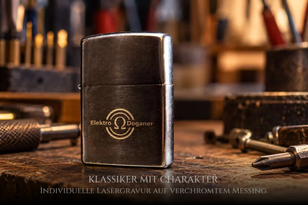 Zippo mit goldfarbener Lasergravur des Firmenlogos Elektro Doganer auf einer Werkbank